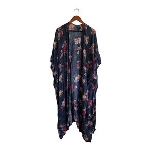 Torrid Floral Print Kimono Duster Open Front Navy Blue Plus Size Bohemian Chic